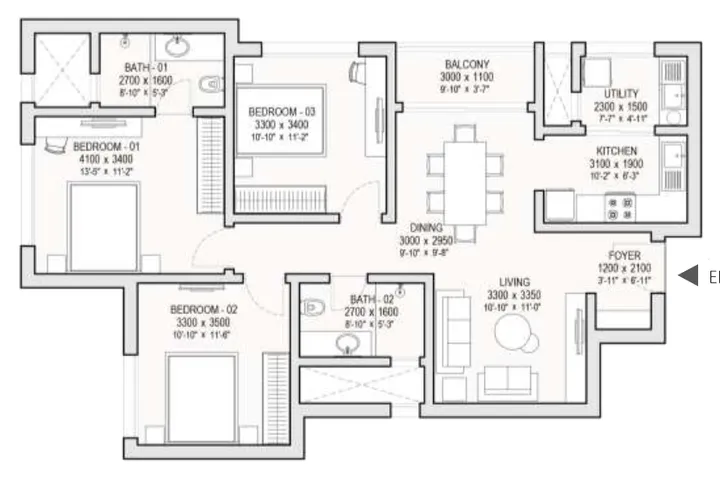 3 BHK Lux floor plan